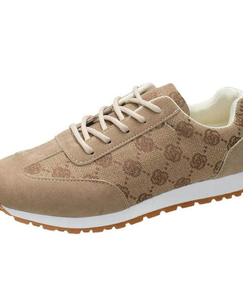 floral round toe sneakers for women in beige with lace-up design and patterned fabric