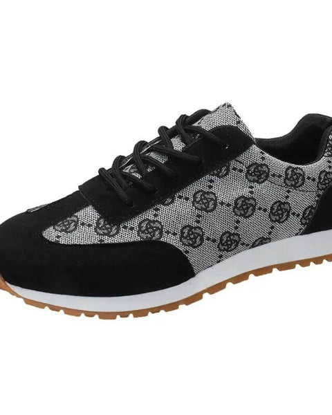 black and gray floral round toe sneakers for women with lace-up design and patterned fabric