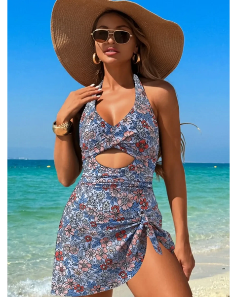 Beach Babes sexy cutout swim dress with floral print and halter neckline worn on the beach