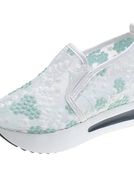 Trendsi white and green embroidered slip on platform sneakers with thick sole for casual wear