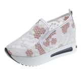 Trendsi white slip on platform sneakers with pink floral lace design and cushioned sole