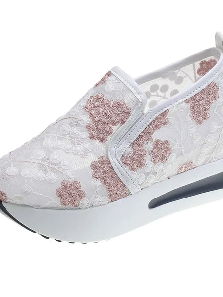 Trendsi white slip on platform sneakers with pink floral lace design and cushioned sole