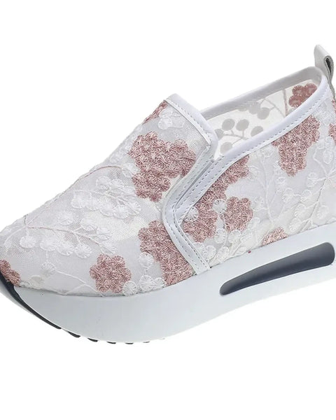 Trendsi white slip on platform sneakers with pink floral lace design and cushioned sole