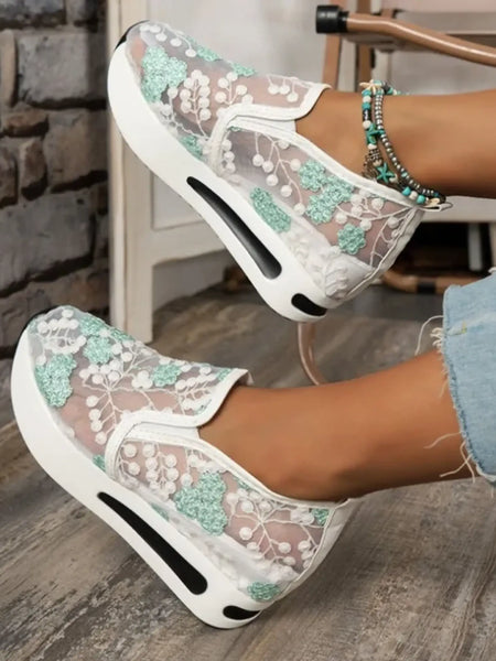Trendsi slip on platform sneakers with white and green floral embroidery on mesh fabric