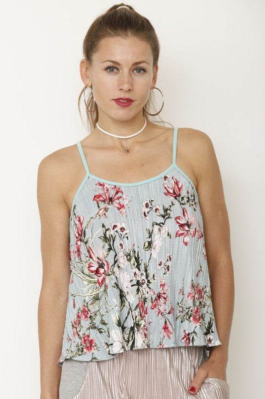 Babe Beachwear floral spaghetti strap tank top with pink and red flowers on light blue fabric