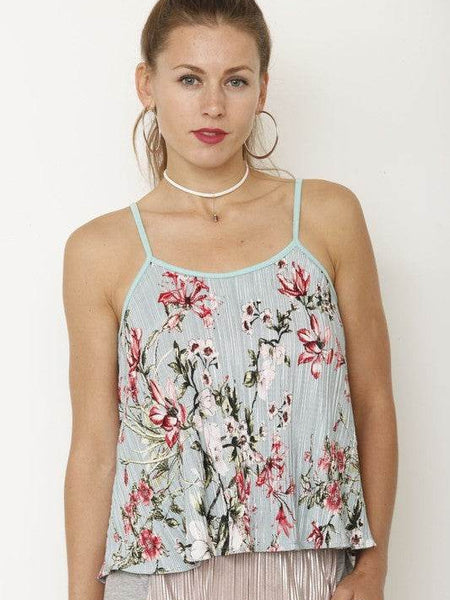 Babe Beachwear floral spaghetti strap tank top with pink and red flowers on light blue fabric