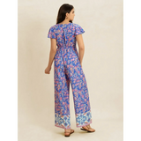 Trendsi floral wide leg jumpsuit for vacation in blue with pink and orange floral print and flutter sleeves