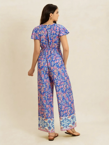 Trendsi floral wide leg jumpsuit for vacation in blue with pink and orange floral print and flutter sleeves
