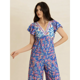 Trendsi floral wide leg jumpsuit for vacation with blue and pink pattern and flutter sleeves