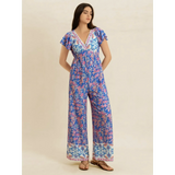 Trendsi floral wide leg jumpsuit for vacation in blue and pink with short sleeves and V-neck