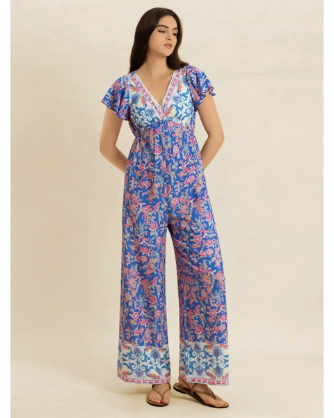 Trendsi floral wide leg jumpsuit for vacation in blue and pink with short sleeves and V-neck