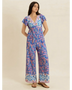 Trendsi floral wide leg jumpsuit for vacation in blue and pink with short sleeves and V-neck