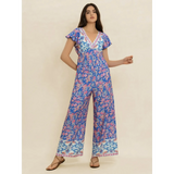 Trendsi floral wide leg jumpsuit for vacation with blue and pink patterns and short sleeves