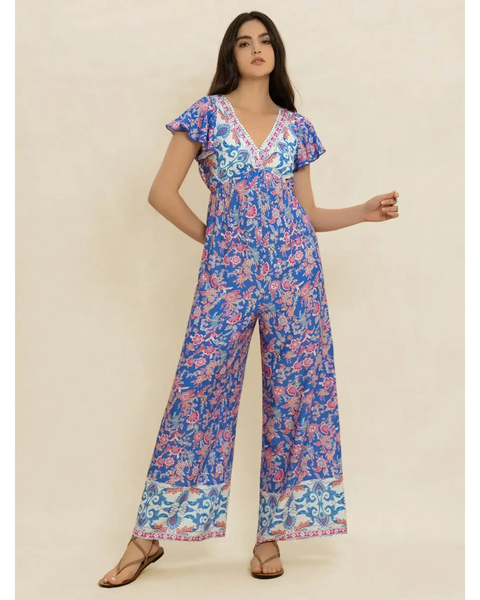Trendsi floral wide leg jumpsuit for vacation with blue and pink patterns and short sleeves