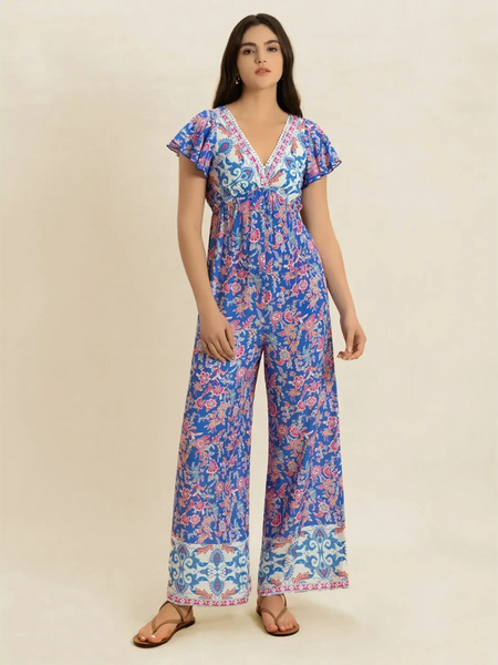 Trendsi floral wide leg jumpsuit for vacation with blue and pink print and V-neck design