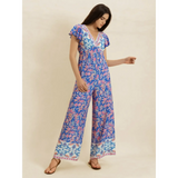 Trendsi floral wide leg jumpsuit for vacation with blue and pink floral print and flutter sleeves