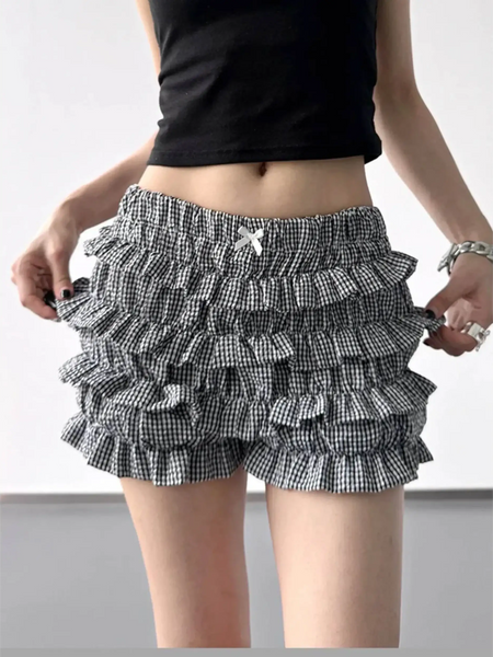Babe Beachwaer casual shorts with flouncy Ruffle bottoms for women and teens in black and white check pattern