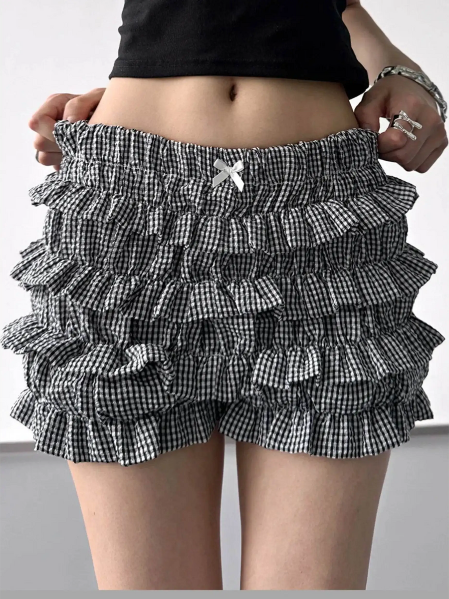 Babe Beachwear casual shorts with flouncy Ruffle bottoms for women and teens in black and white check pattern