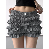 Babe Beachwear casual shorts with flouncy Ruffle bottoms for women and teens in black and white check pattern
