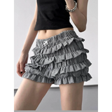 Babe Beachwear casual shorts with flouncy Ruffle bottoms for women and teens in black and white check pattern Grey patterns