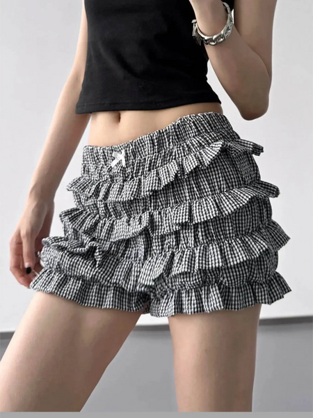 Babe Beachwear casual shorts with flouncy Ruffle bottoms for women and teens in black and white check pattern Grey patterns