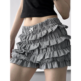 Babe Beachwear casual shorts with flouncy Ruffle bottoms for women and teens in black and white checkered pattern