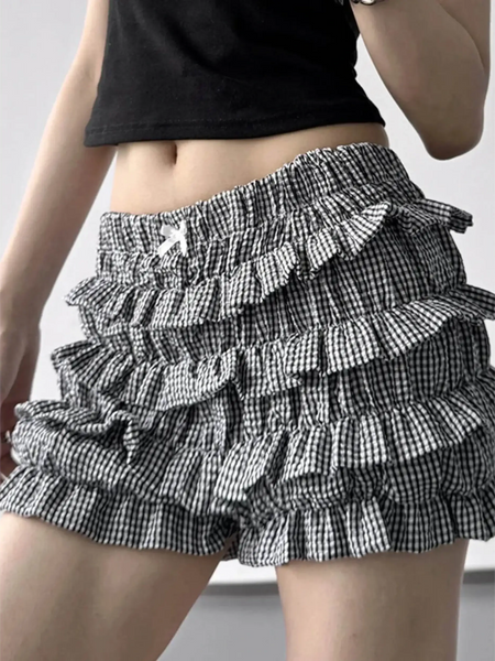 Babe Beachwear casual shorts with flouncy Ruffle bottoms for women and teens in black and white checkered pattern