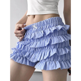 Babe Beachwear casual shorts with flouncy Ruffle bottoms for women and teens in blue and white pattern