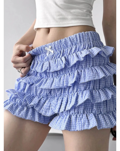 Babe Beachwear casual shorts with flouncy Ruffle bottoms for women and teens in blue and white pattern