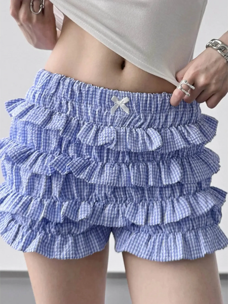 Babe Beachwear casual shorts with flouncy Ruffle bottoms for women and teens in blue checkered pattern