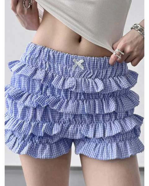Babe Beachwear casual shorts with flouncy Ruffle bottoms for women and teens in blue checkered pattern