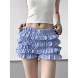 Babe Beachwear casual shorts with flouncy Ruffle bottoms for women and teens in blue check pattern