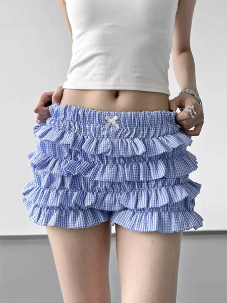 Babe Beachwear casual shorts with flouncy Ruffle bottoms for women and teens in blue check pattern