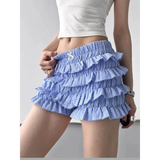 Babe Beachwear casual shorts with flouncy Ruffle bottoms for women and teens in blue gingham pattern