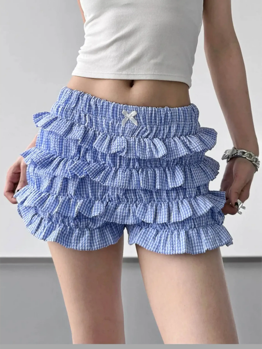Babe Beachwear casual shorts with flouncy Ruffle bottoms for women and teens in blue checkered fabric