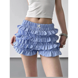Babe Beachwear casual shorts with flouncy Ruffle bottoms for women and teens in blue checkered fabric