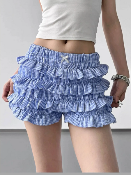 Babe Beachwear casual shorts with flouncy Ruffle bottoms for women and teens in blue checkered fabric