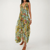 Trendsi flowy maxi dress for beach with floral print and sleeveless design