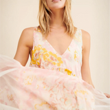 Trendsi flowy maxi dress for beach in soft pink and yellow floral pattern with V-neck design