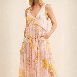 Trendsi flowy maxi dress for beach with yellow floral print and sleeveless v-neck design