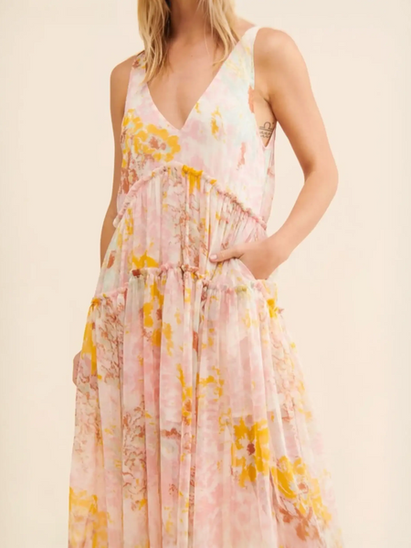Trendsi flowy maxi dress for beach with yellow floral print and sleeveless v-neck design