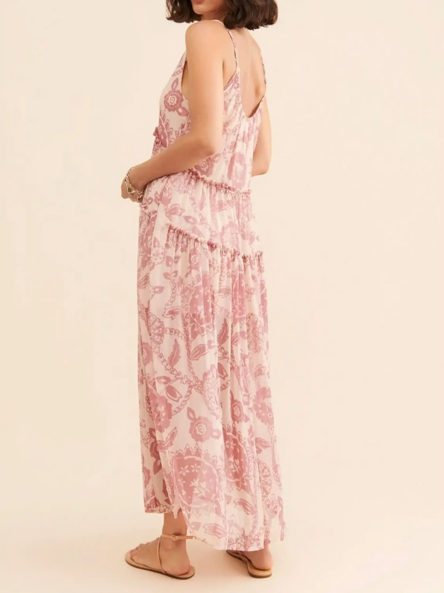 Trendsi pink and white floral flowy maxi dress for beach with thin straps and tiered design