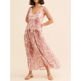 Trendsi flowy maxi dress for beach in light pink paisley print with sleeveless design and V-neck