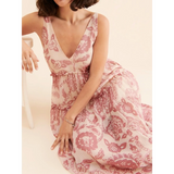Trendsi flowy maxi dress for beach with pink floral print and deep V neckline