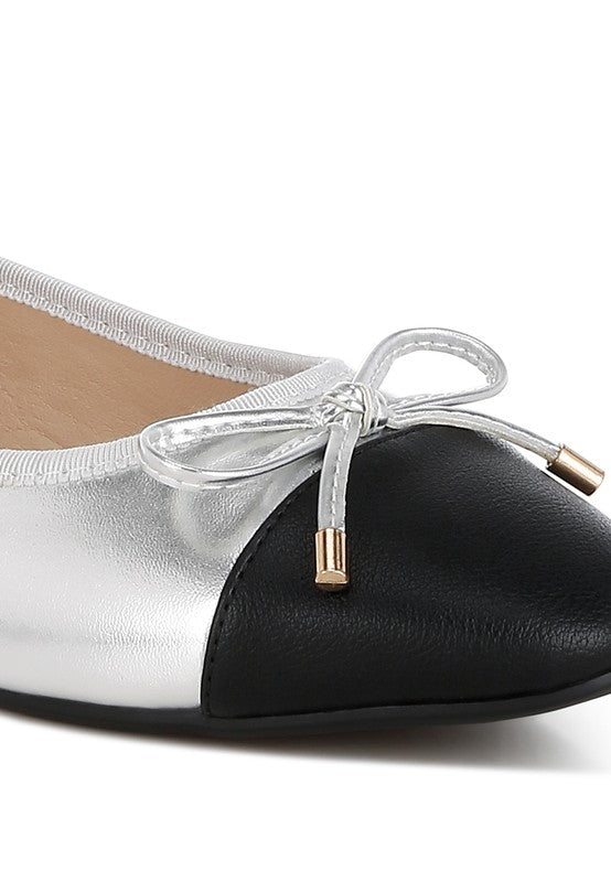 Rag Company nude and silver ballet flats with black toe cap and decorative bow detail
