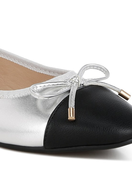 Rag Company nude and silver ballet flats with black toe cap and decorative bow detail