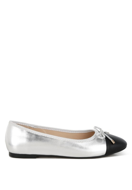 Rag Company nude and silver ballet flats with black toe and bow detail