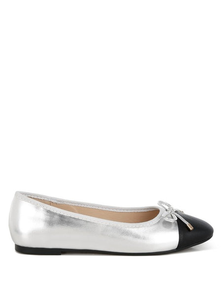 Rag Company nude and silver ballet flats with black toe and bow detail