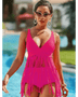 Beach Babes fun fringe beach swimwear in hot pink with fringe detailing by the pool