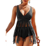Beach Babes fun fringe beach swimwear black two-piece swimsuit with long fringe details